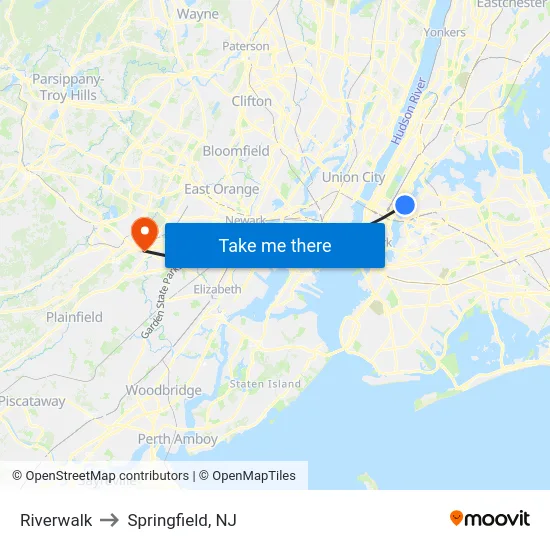 Riverwalk to Springfield, NJ map