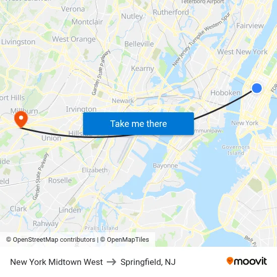 New York Midtown West to Springfield, NJ map