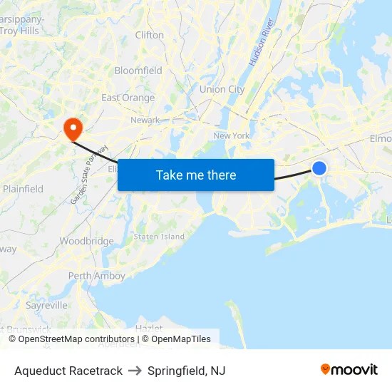 Aqueduct Racetrack to Springfield, NJ map