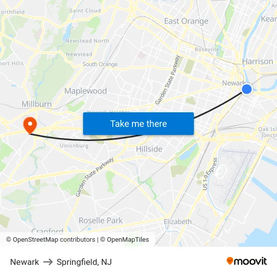 Newark to Springfield, NJ map