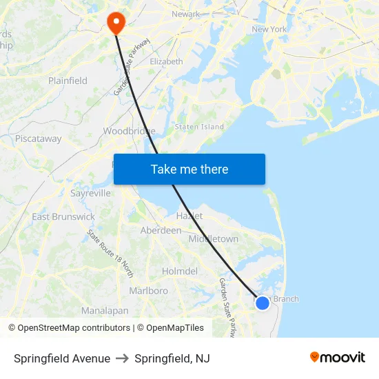 Springfield Avenue to Springfield, NJ map