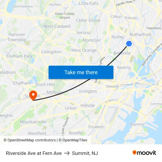 Riverside Ave at Fern Ave to Summit, NJ map