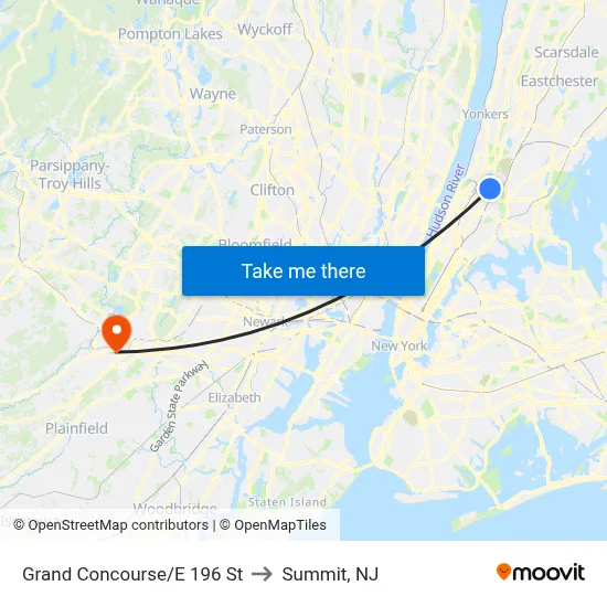 Grand Concourse/E 196 St to Summit, NJ map