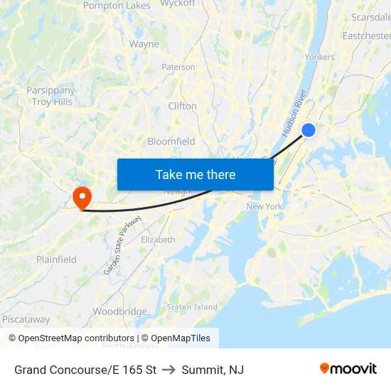 Grand Concourse/E 165 St to Summit, NJ map