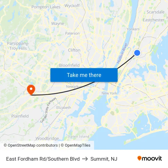 East Fordham Rd/Southern Blvd to Summit, NJ map