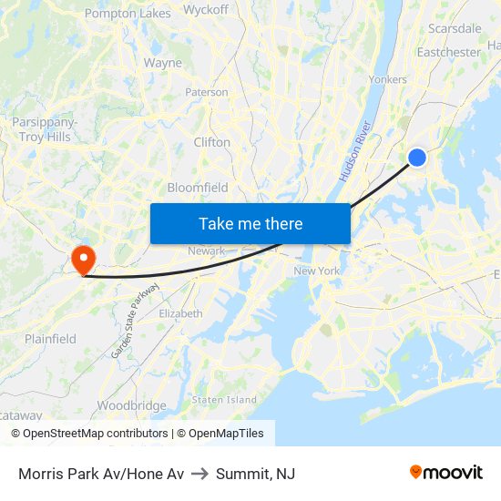 Morris Park Av/Hone Av to Summit, NJ map