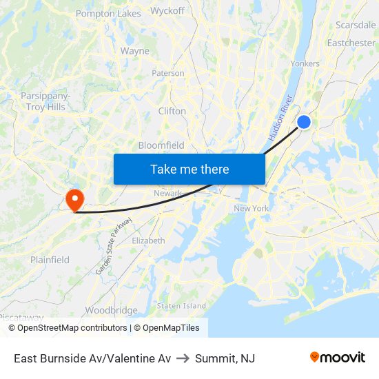 East Burnside Av/Valentine Av to Summit, NJ map