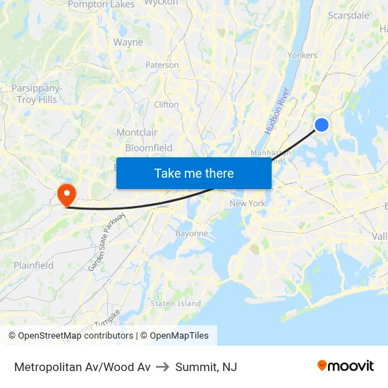 Metropolitan Av/Wood Av to Summit, NJ map