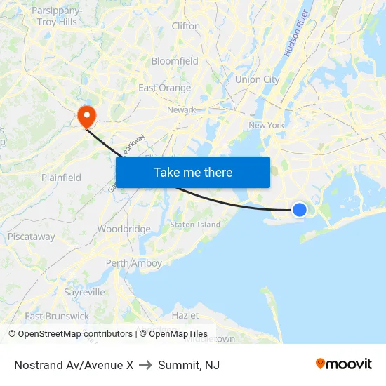 Nostrand Av/Avenue X to Summit, NJ map