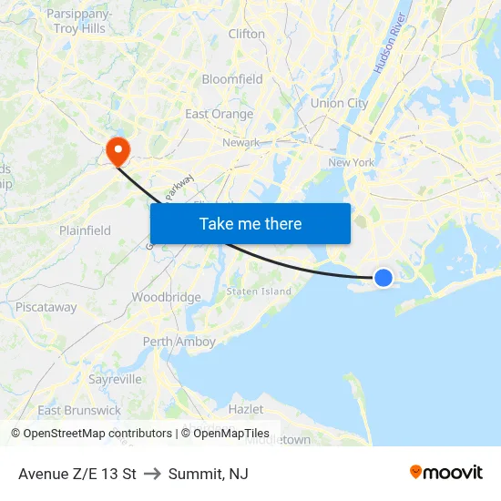 Avenue Z/E 13 St to Summit, NJ map