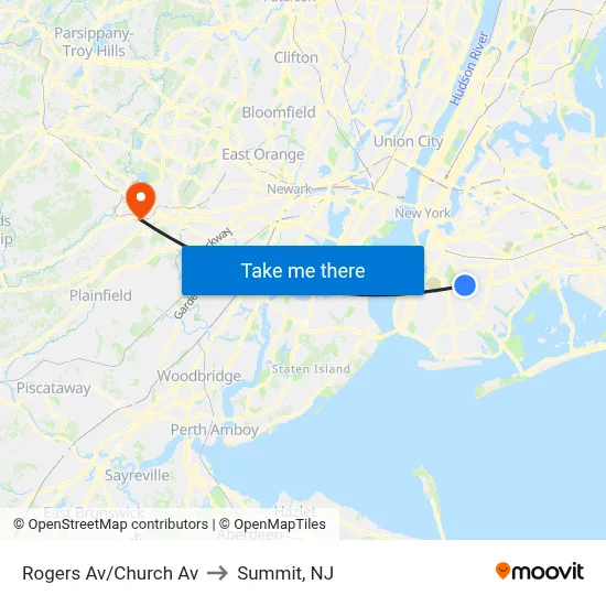 Rogers Av/Church Av to Summit, NJ map