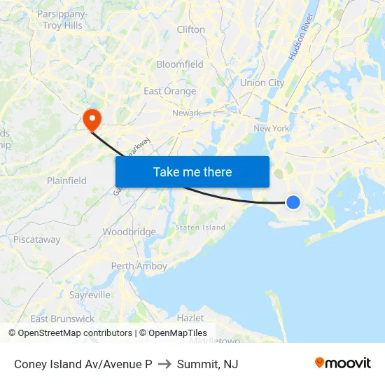 Coney Island Av/Avenue P to Summit, NJ map