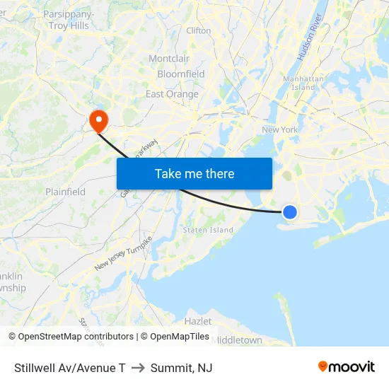 Stillwell Av/Avenue T to Summit, NJ map