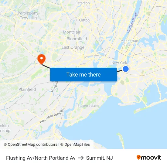 Flushing Av/North Portland Av to Summit, NJ map