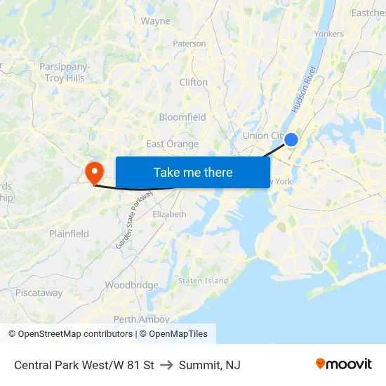 Central Park West/W 81 St to Summit, NJ map