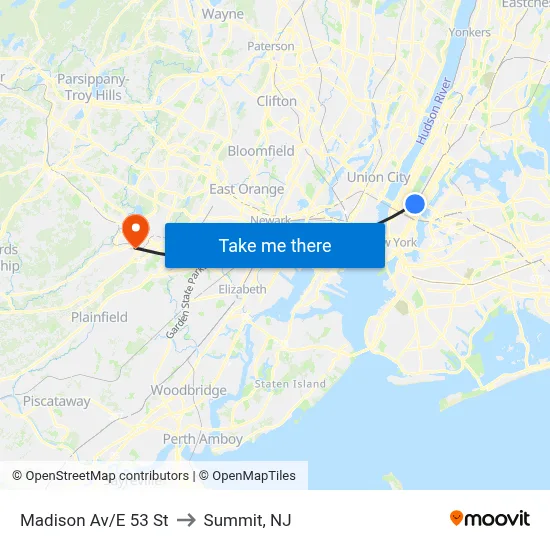 Madison Av/E 53 St to Summit, NJ map