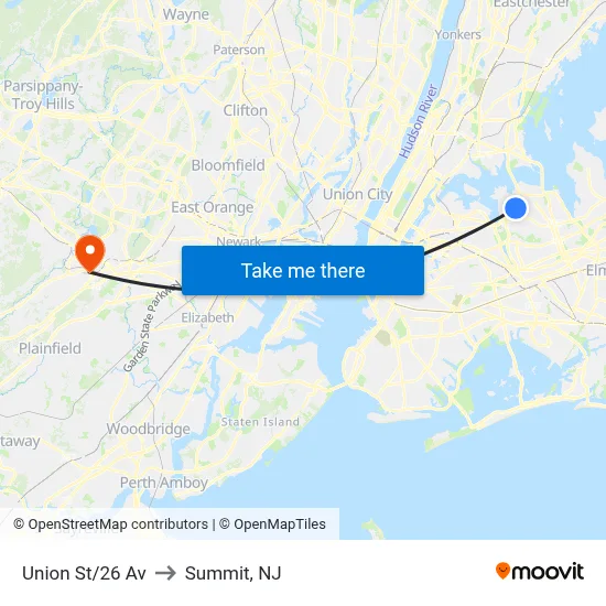 Union St/26 Av to Summit, NJ map
