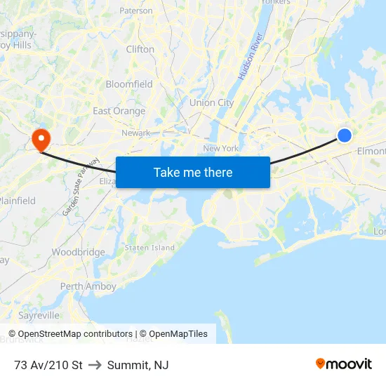 73 Av/210 St to Summit, NJ map