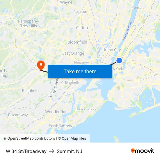 W 34 St/Broadway to Summit, NJ map
