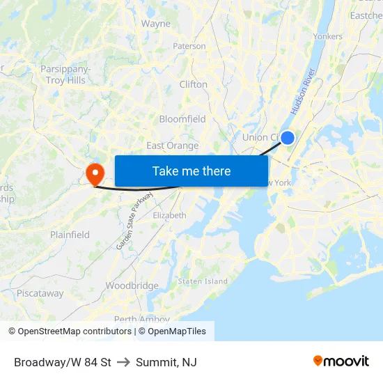 Broadway/W 84 St to Summit, NJ map