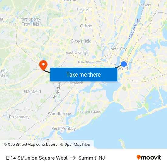 E 14 St/Union Square West to Summit, NJ map