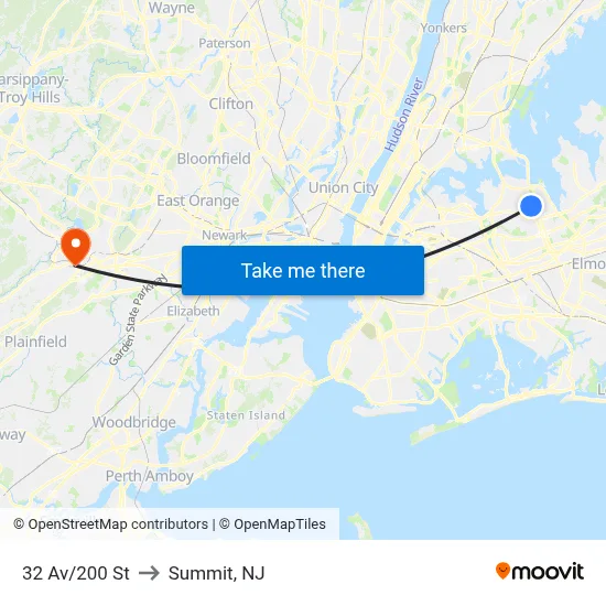 32 Av/200 St to Summit, NJ map