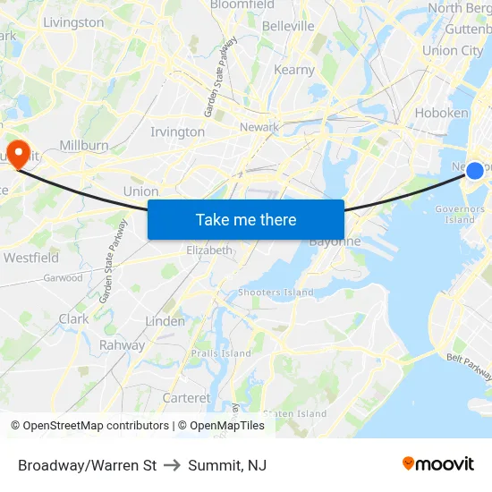 Broadway/Warren St to Summit, NJ map