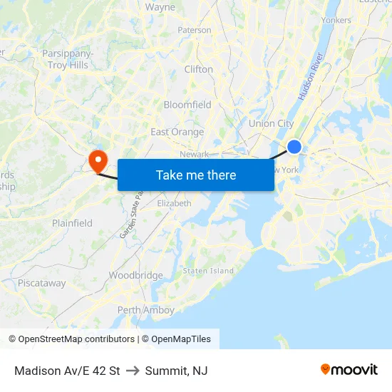 Madison Av/E 42 St to Summit, NJ map