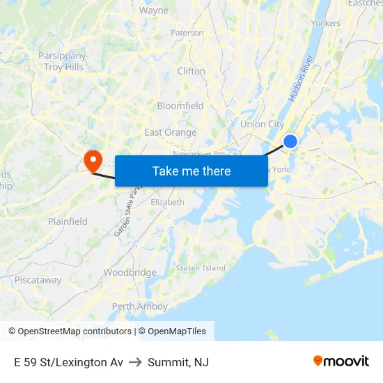 E 59 St/Lexington Av to Summit, NJ map