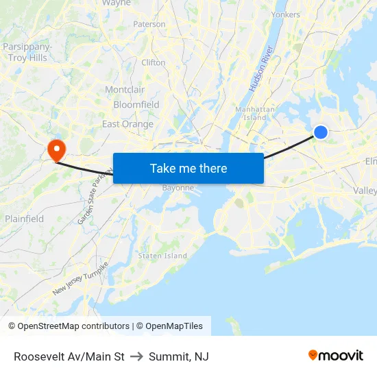 Roosevelt Av/Main St to Summit, NJ map