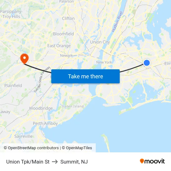 Union Tpk/Main St to Summit, NJ map
