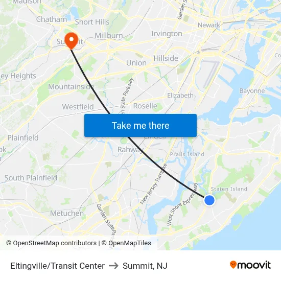 Eltingville/Transit Center to Summit, NJ map