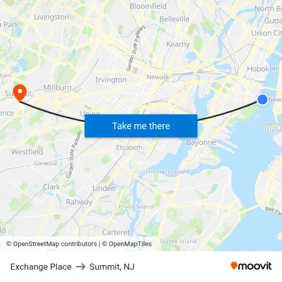 Exchange Place to Summit, NJ map