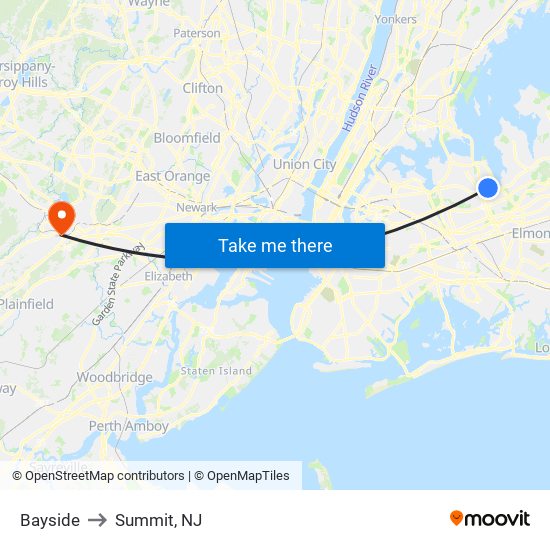 Bayside to Summit, NJ map