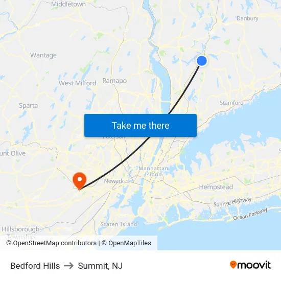 Bedford Hills to Summit, NJ map