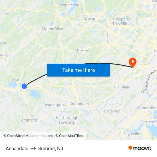 Annandale to Summit, NJ map