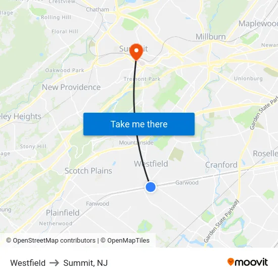 Westfield to Summit, NJ map
