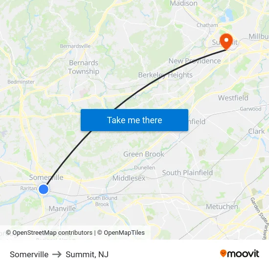 Somerville to Summit, NJ map