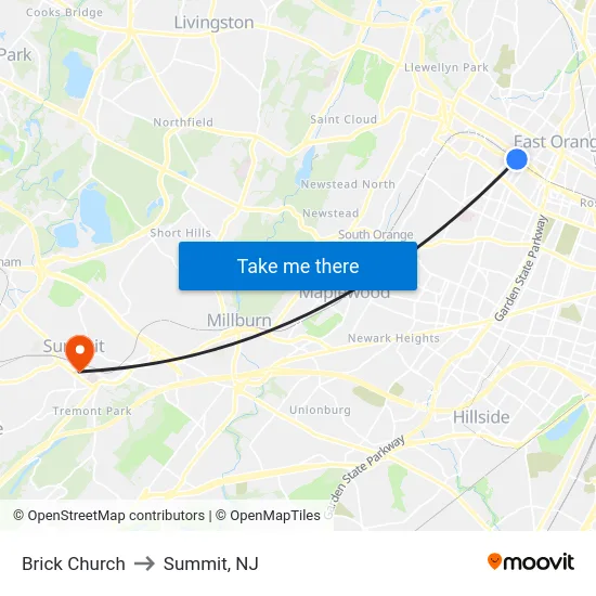 Brick Church to Summit, NJ map