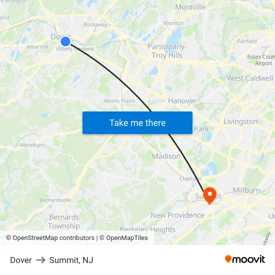 Dover to Summit, NJ map