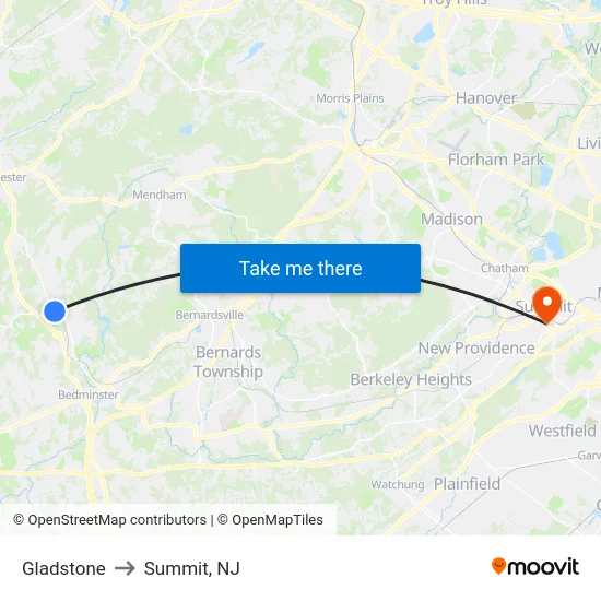 Gladstone to Summit, NJ map