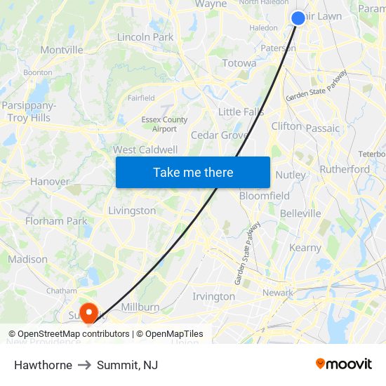 Hawthorne to Summit, NJ map