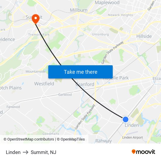 Linden to Summit, NJ map