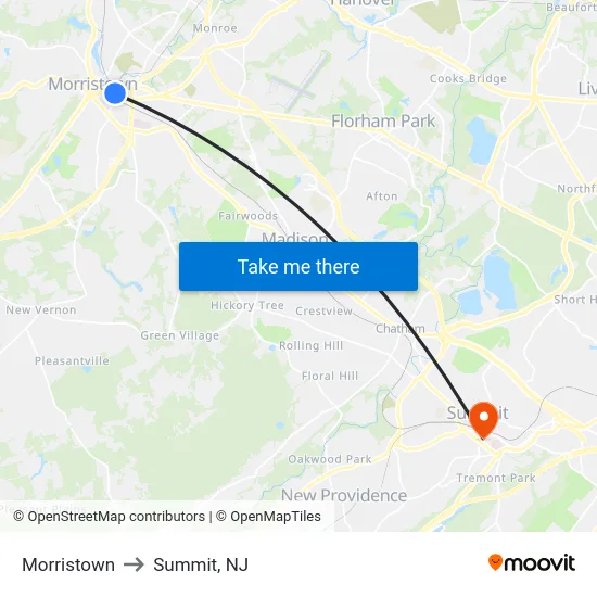 Morristown to Summit, NJ map