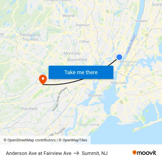 Anderson Ave at Fairview Ave to Summit, NJ map