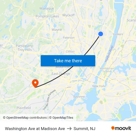 Washington Ave at Madison Ave to Summit, NJ map