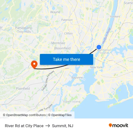 River Rd at City Place to Summit, NJ map