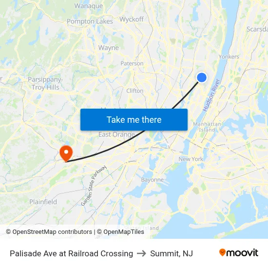 Palisade Ave at Railroad Crossing to Summit, NJ map