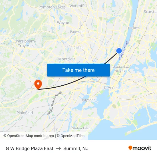G W Bridge Plaza East to Summit, NJ map