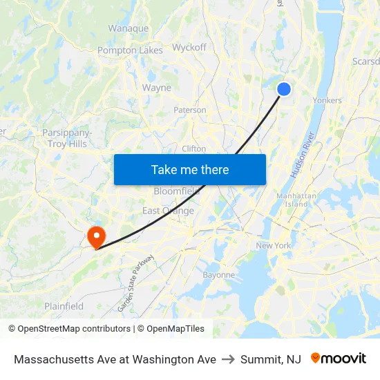 Massachusetts Ave at Washington Ave to Summit, NJ map